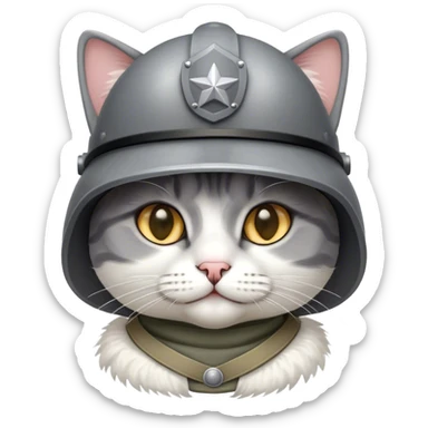 Gray and white cat with a soldier helmet sticker