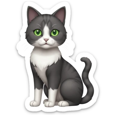 full body view of beautiful female solid dark grey cat with green eyes, white toes/paws and white patch on her chest sticker