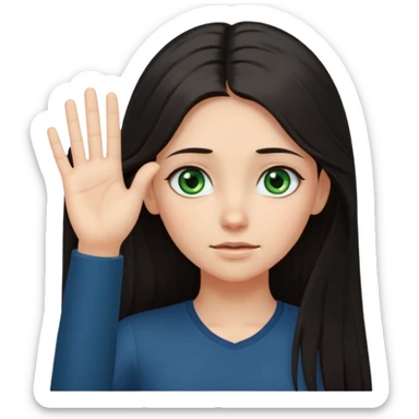 Animated girl dark long hair green eyes emoji holding right side of the head with her hand with duh facial expression , hand on top of her head sticker