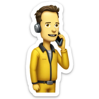 Elon musk in simpson style dressed as camrom yellow outfit making a phone call on a flip phon  sticker