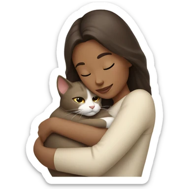 Brunette woman snuggling creamy colored  cat sticker