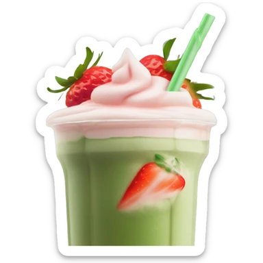 iced matcha latte with strawberry cream cold foam on top with a straw sticker