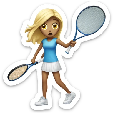 blond tall girl scared with tennis racket at hand defending herself sticker