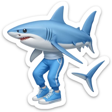 a blue shark walking on two legs, wearing blue high-top sneakers sticker