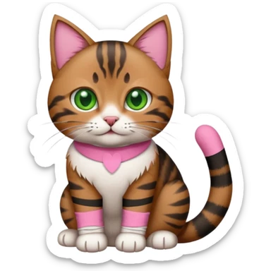 a  brown and black tabby cat, with a pink bandage on her front paw, realistic sticker