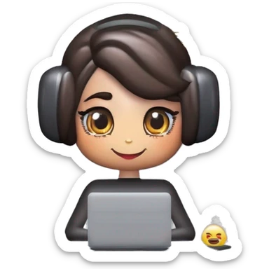 Chica, morena, con cabello ondulado y al frente una computadora gris sticker