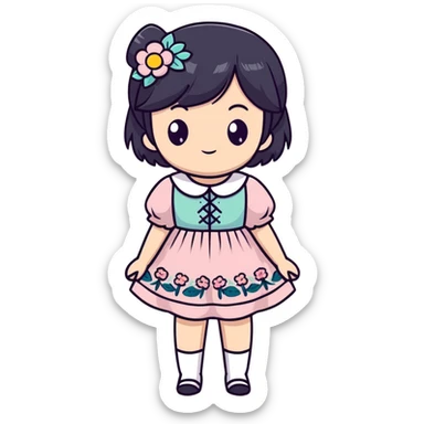 Adorable anime girl with black hair in a beautiful cottagecore dress with pastel colors and floral elements sticker