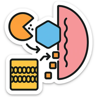 Ultra-detailed illustration of enzyme digestion: amylase breaking starch into sugars near a cell membrane. Clean white background, no text. Scientific but simple sticker
