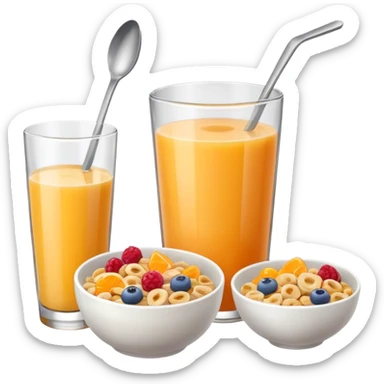 A glass of juice and a bowl with cereals sticker