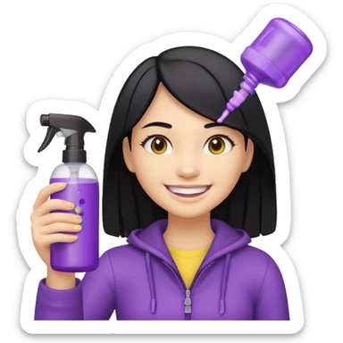 a smiling girl with black hair, yellow teeth, holding a fully purple spray bottle with the lid on, Genmoji emoji style sticker