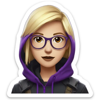 Girl blond developer  with round glasses left side behind his laptop with this style: valorant riot Game purple character purple black hooded hacker themed character sticker