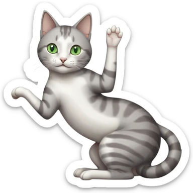 grey and white cat with green eyes doing a big extremely long stretch reaching up into the air with arms and legs side by side together straight and overextended whilst lying on its side sticker