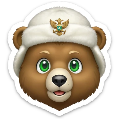 Simple cartoon bear face with green eyes and small smile, white furry ushanka hat with minimal Russian Federation eagle emblem, iOS emoji style sticker