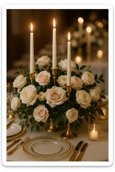 table centerpiece with candles and roses, gold accents, wedding decor sticker