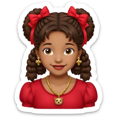 Brownskin girl dark brown hair fluffy. pigtails with red bows brown eyes smiling closed mouth red shirt gold esrrings gold necklace sticker