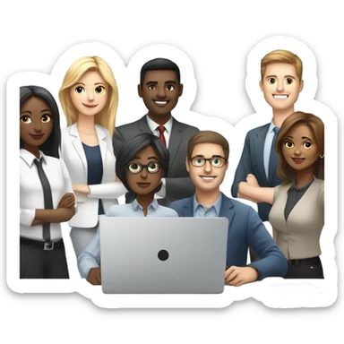 A small, diverse team collaborates with laptops and sketches in the background, symbolizing professional IT consulting.  sticker