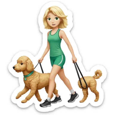 Girl with shoulder length, blonde hair, green eyes, in  fitness clothes, walking a golden doodle sticker