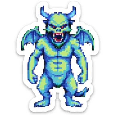 pixel art شیطان, cartoonish demon with tail and fangs, standing pose sticker