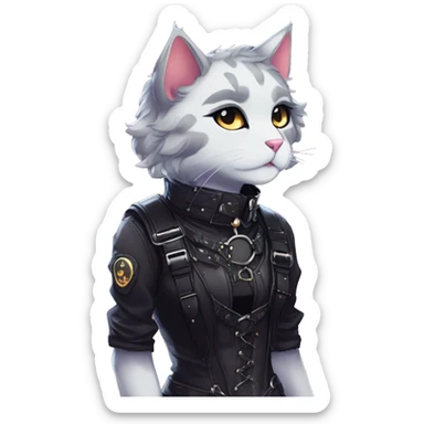 Gorgeous sparkly legendary shiny gradient gothic dark techwear anime style anthro cat with blushing face aesthetic and pretty edgy black with collar and harness trending style sticker