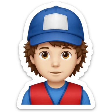 brown fluffy hair kid with blue and white cap dark blue jilet red t shirt sticker