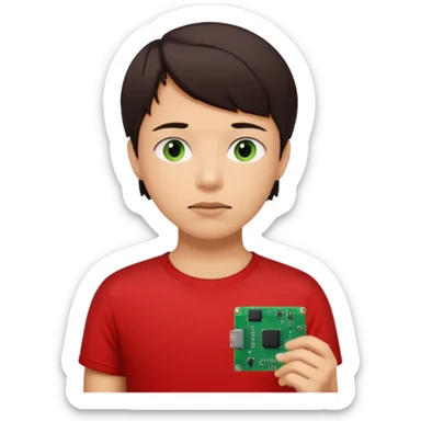 A young person wearing a red T-shirt indoors, short dark hair, holding a small green electronic circuit board near the mouth in a thoughtful pose. Warm natural lighting, window with blinds in the background, casual tech-inspired vibe. sticker