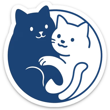 two cats, one black and one white, forming a yin-yang symbol, tails and bodies intertwined, simple style, clean lines, minimal background sticker