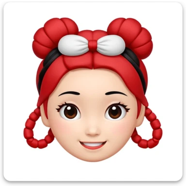 Pucca's cartoon face as an apple-style emoji, minimal details, black hair buns, red hair ties, smiling, no body, no text sticker