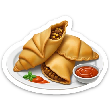 Cinematic Realistic Colombian Cornmeal Empanadas Emoji, showcasing the golden, crispy shell filled with savory meats and spices, served with a side of aji dipping sauce, rendered with vibrant textures and warm, inviting lighting. sticker