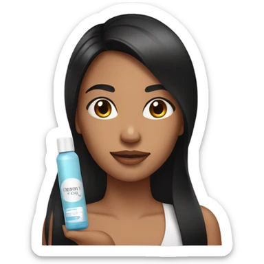 a woman with long straight black hair, with skin care products in her hand sticker