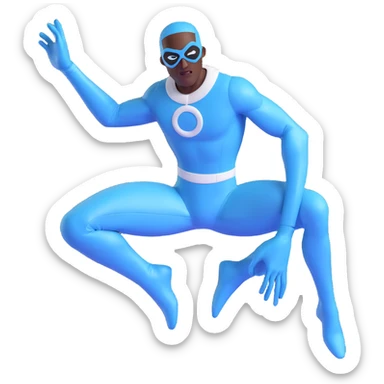 Frozone from The Incredibles, cool superhero pose, blue and white suit, ice powers, 3D style sticker