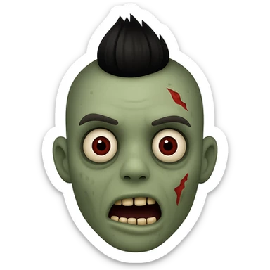 Create a zombie emoji with black hair styled in a mohawk, in the style of Apple emojis. The emoji should have the typical zombie features with greenish skin and a spooky expression, combined with the distinct Apple emoji look and feel. sticker