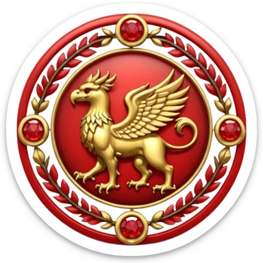 Golden griffin crest / brosch in a circle with red gems and no background sticker