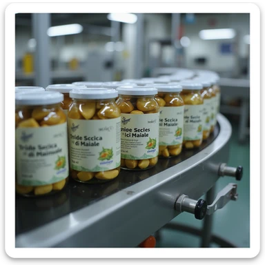 jars of 'Tiroide Secca di Maiale' supplement on conveyor belt, labels clearly visible, clean industrial environment, hyperrealistic 4K sticker