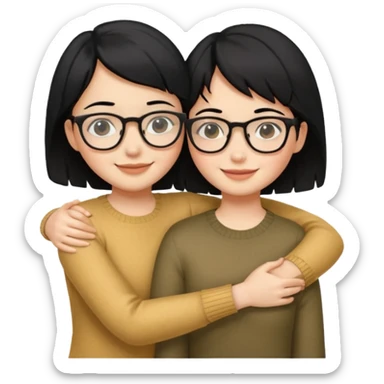 a gif of two wheat skinned girls with black hair, one with glasses hugging each other. the one with glasses is on the left and her right arm is around the one on the right. the right girl has short hair sticker