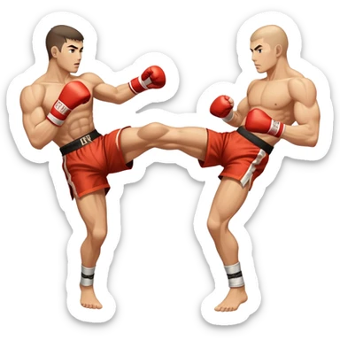 An icon showcasing a kickboxer in action, using precise techniques with both feet and elbows. One fighter delivers a powerful kick to the opponent's legs, while the other counters with an elbow strike. The background features a ring and a dynamic atmosphere. Transparent background  sticker