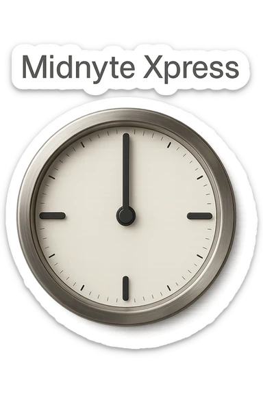 Make this clock at midnight with 'Midnyte Xpress' above look more realistic, featuring a metallic clock frame, glass face, and realistic shadows. Keep the text above in a clean font. No background, transparent background. sticker