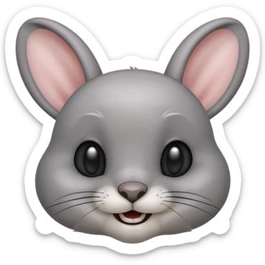 Head of a grey rabbit in Apple emoji style, round face, soft grey fur, big black eyes, perky ears, gently showing two front teeth in a subtle smile, front-facing, clean and glossy look
 sticker