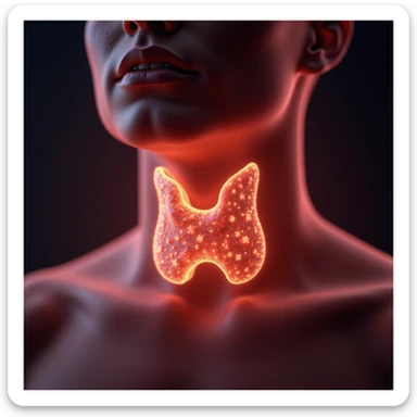 Conceptual educational illustration of stylized human thyroid releasing T3 and T4 hormones represented as glowing particles spreading in the blood, 4K resolution sticker