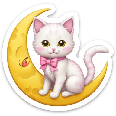 cute kitten with pink bow sitting on yellow moon sticker