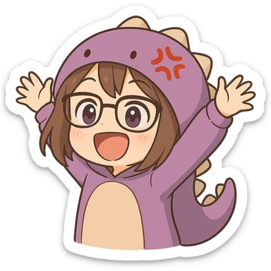 Edit the image of a chibi anime style gamer girl with glasses, brown hair, dark purple eyes, wearing a purple dinosaur costume. Change to a new pose with arms up in excitement. Remove the controller. Keep the same chibi stickers style as the reference. Remove the background (make it transparent). sticker