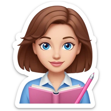 female writer happy, brown hair and blue eyes writing a light pink romance novel sticker