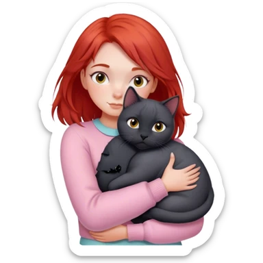 
a girl with red hair in pastel clothes hugs a black British cat sticker