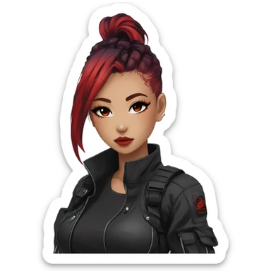 Gorgeous techwear anime style lady with blushing face aesthetic and pretty edgy black red punk hair with hair garment trending style sticker