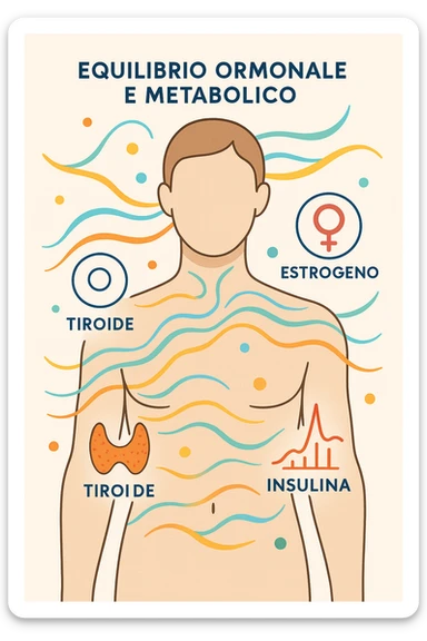 Il corpo è circondato da simboli delicati e bilanciati che rappresentano equilibrio ormonale e metabolico: piccoli cerchi, flussi energetici colorati, simboli stilizzati di tiroide, picco insulina, estrogeni. 4k immagine in italiano sticker