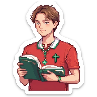 man with clean haircut, wearing a red polo shirt and cross necklace, holding a book sticker