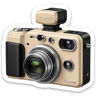 Olympus Superzoom 70G camera, beige color, vintage compact point and shoot camera with distinctive rectangular body, small viewfinder, protruding flash unit on top, and the exact silhouette of Olympus Superzoom 70G with its characteristic shape sticker