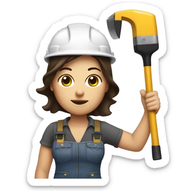 brunette woman with a construction helmet, an electric hammer in her hand and an iphone in the other hand  sticker