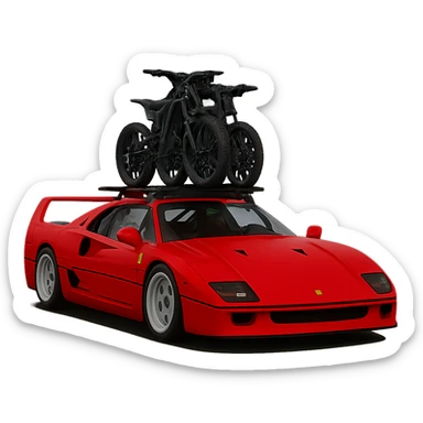 Make the two Sur-Ron electric bikes on the roof rack much smaller in proportion to the realistic Ferrari F40. Keep the background transparent. sticker
