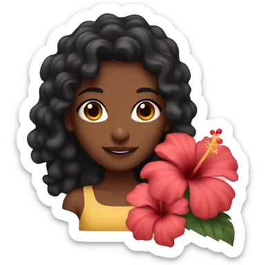 Girl with brown skin with black curly hair holding hibiscus flowers sticker