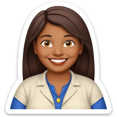 50 yr old chubby Sri Lankan woman, dark skin, straight brown hair, big smile, white teeth, european clothes, hair sticker